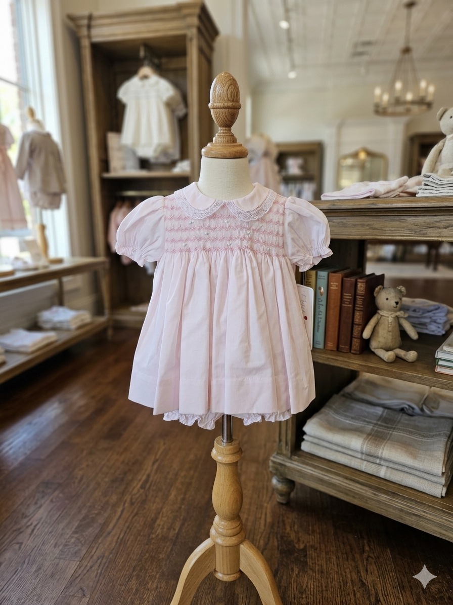 Petit Ami Pink Floral Smocked Baby Dress Set with Bonnet