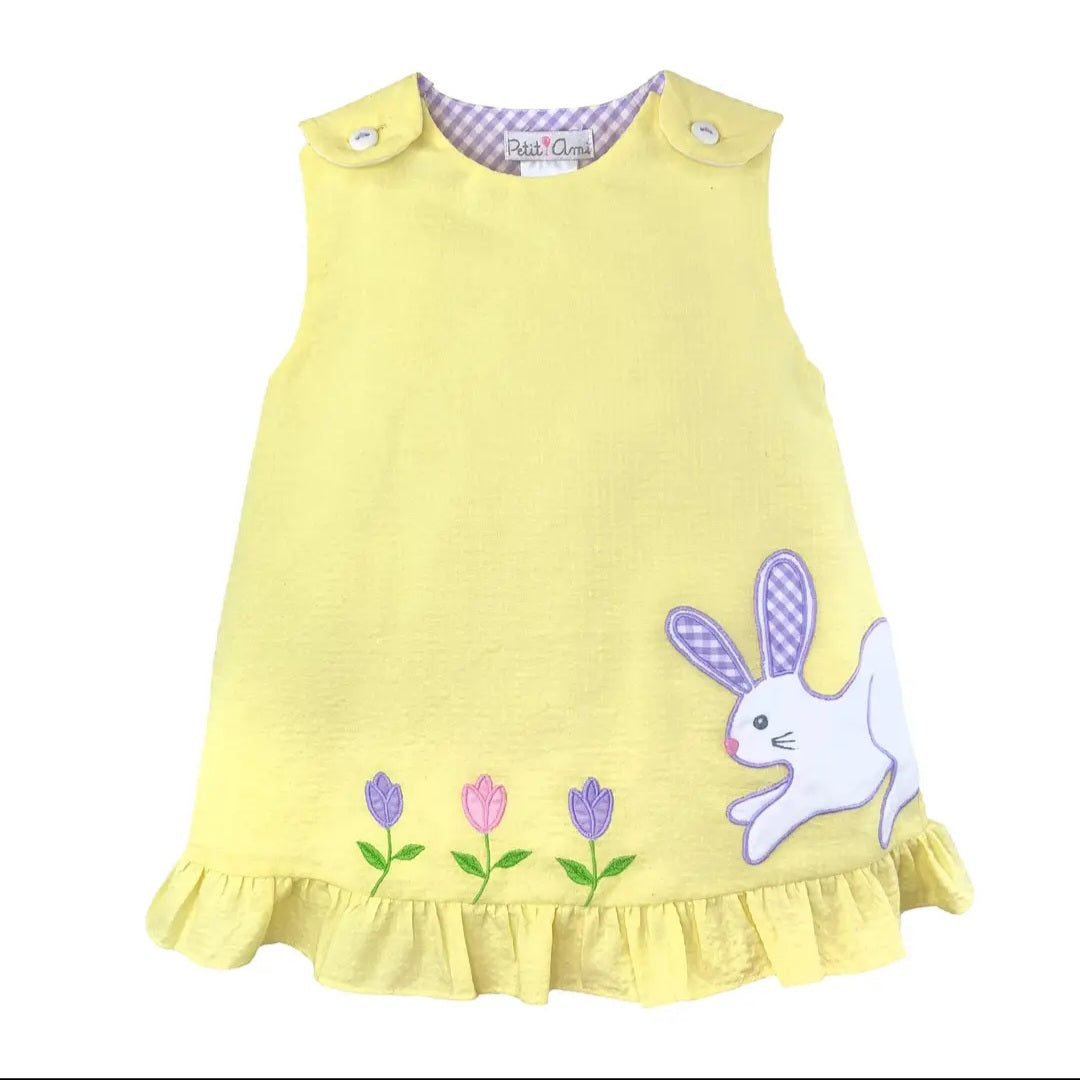 Petit Ami Yellow Sun Dress with Bunny and Flower Appliques