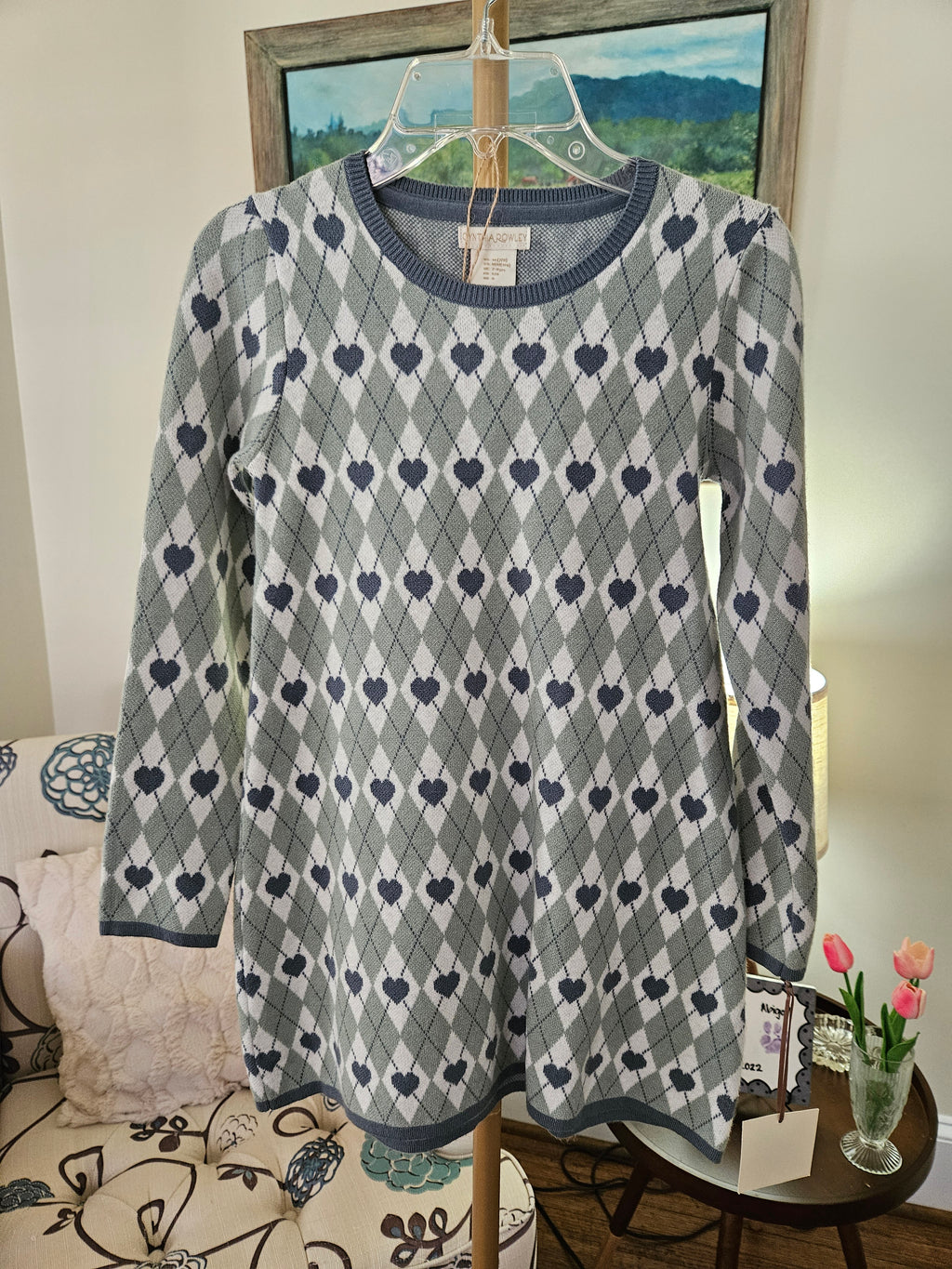 NWT Cynthia Rowley Girl's Green and Blue Heart Pattern Sweater Dress Sz 7/8