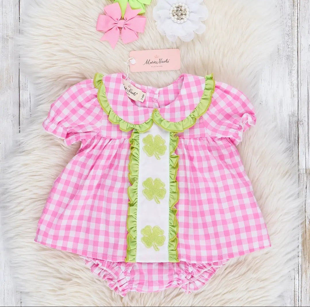 Marie Nicole Magenta & Lime Embroidered Shamrocks Ruffle Bloomers Set Sz 12-18M
