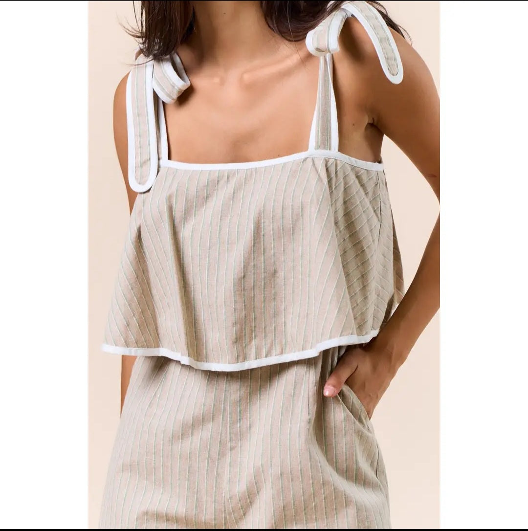 Lalavon Taupe & Green Contrast Hem Tie Romper W/Pockets