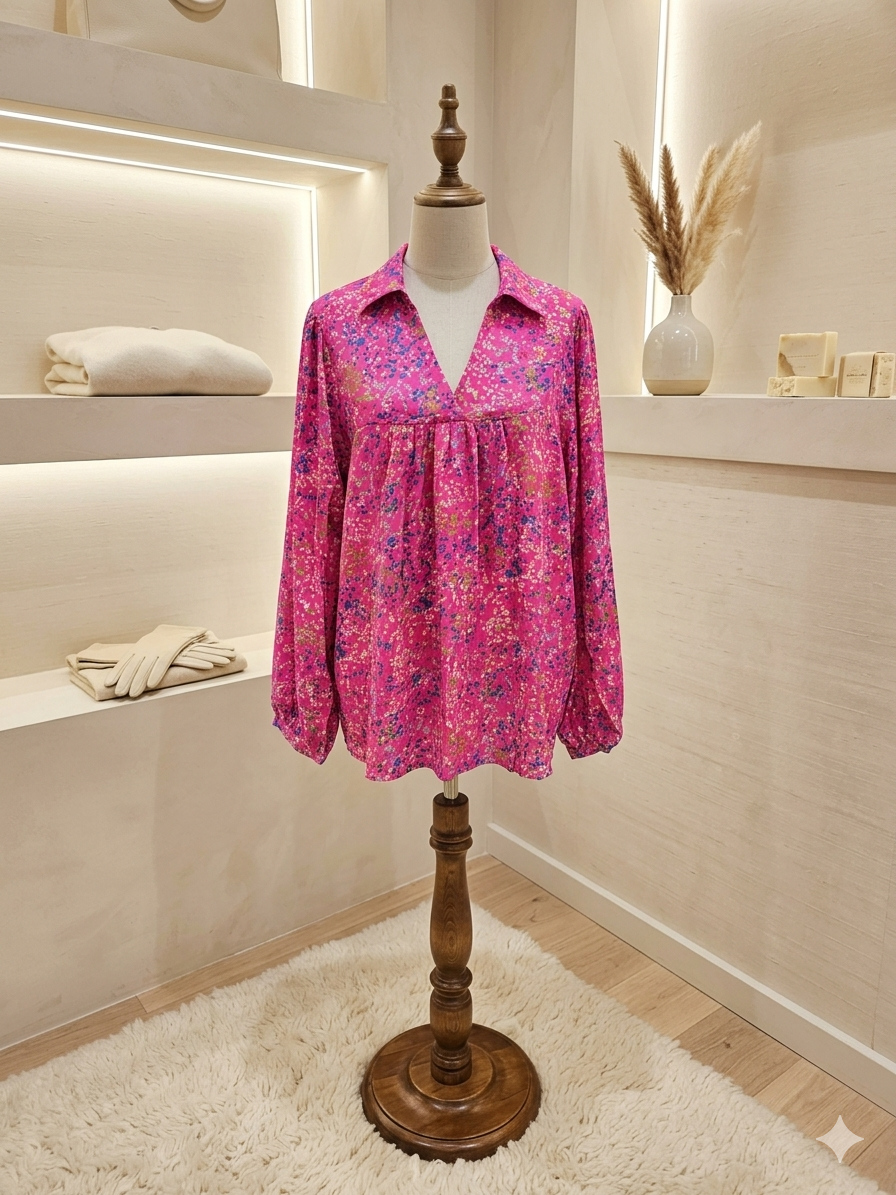 Lovesoft Abstract Pink Bonbon Blouse – V-Neck Collared Babydoll Top 💕