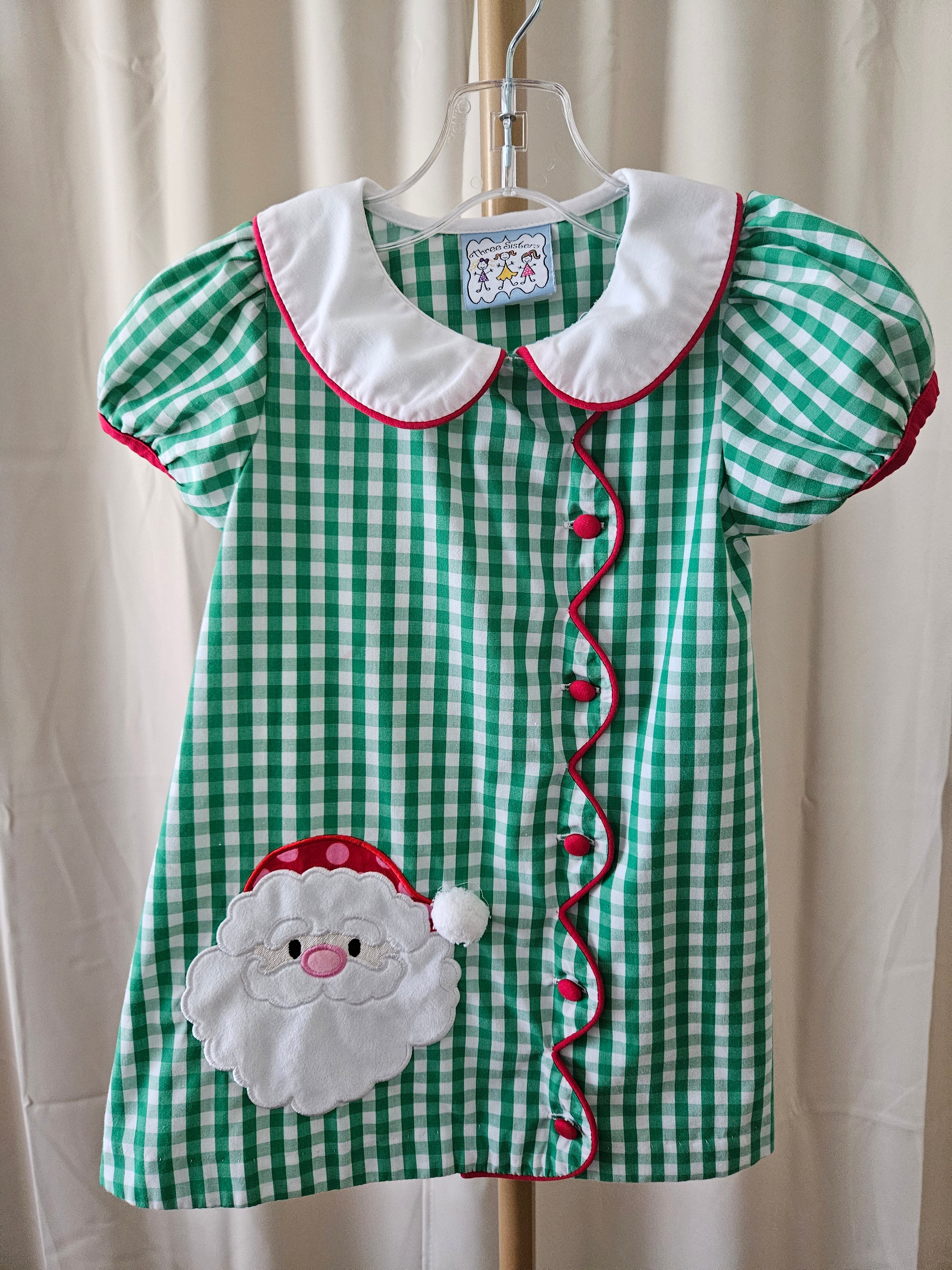 Three Sisters Sz 2T Green & White Gingham Santa Appliqué Dress