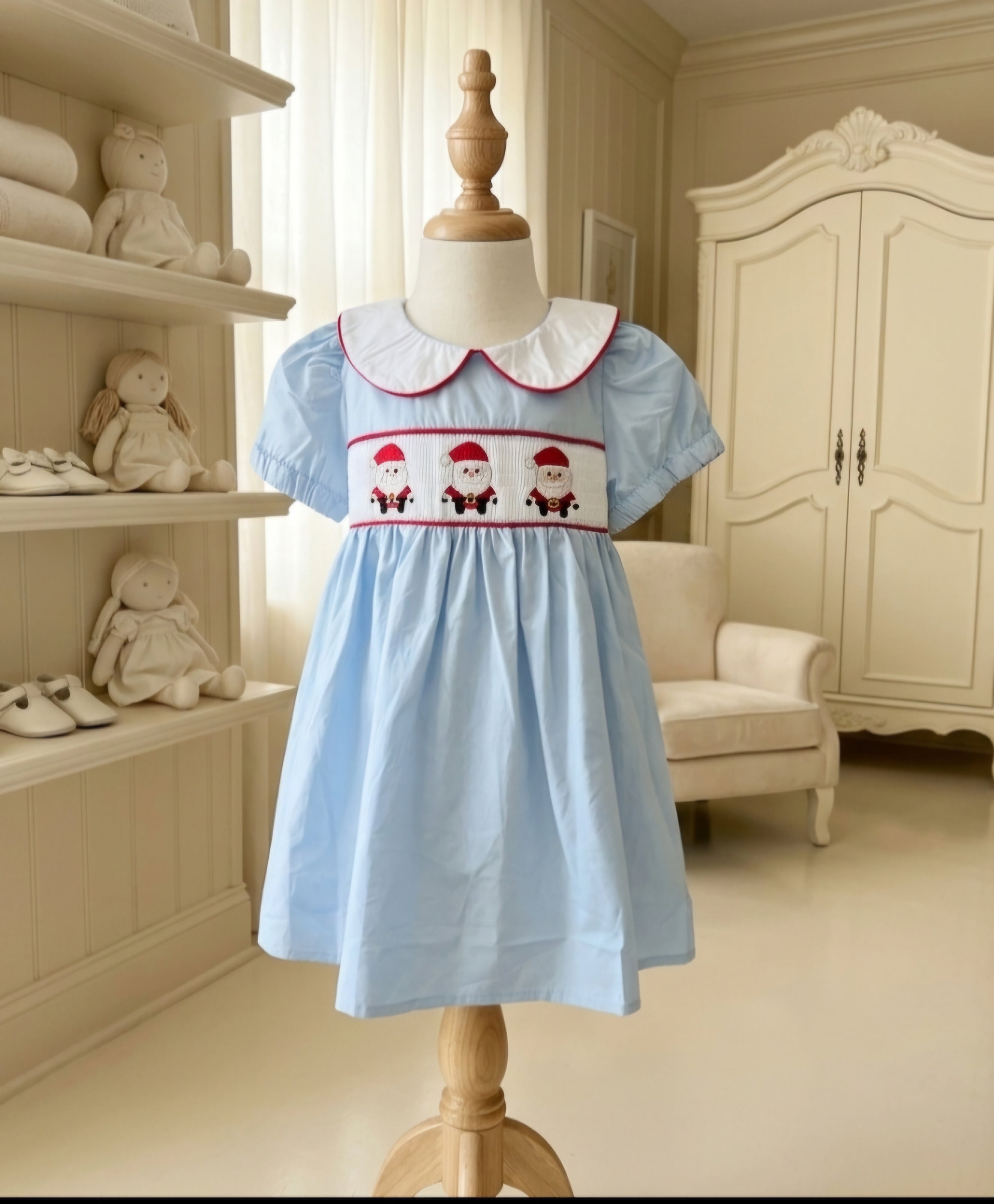 Lil Cactus Smocked Santa Dress Light Blue Red Accents Peter Pan Collar