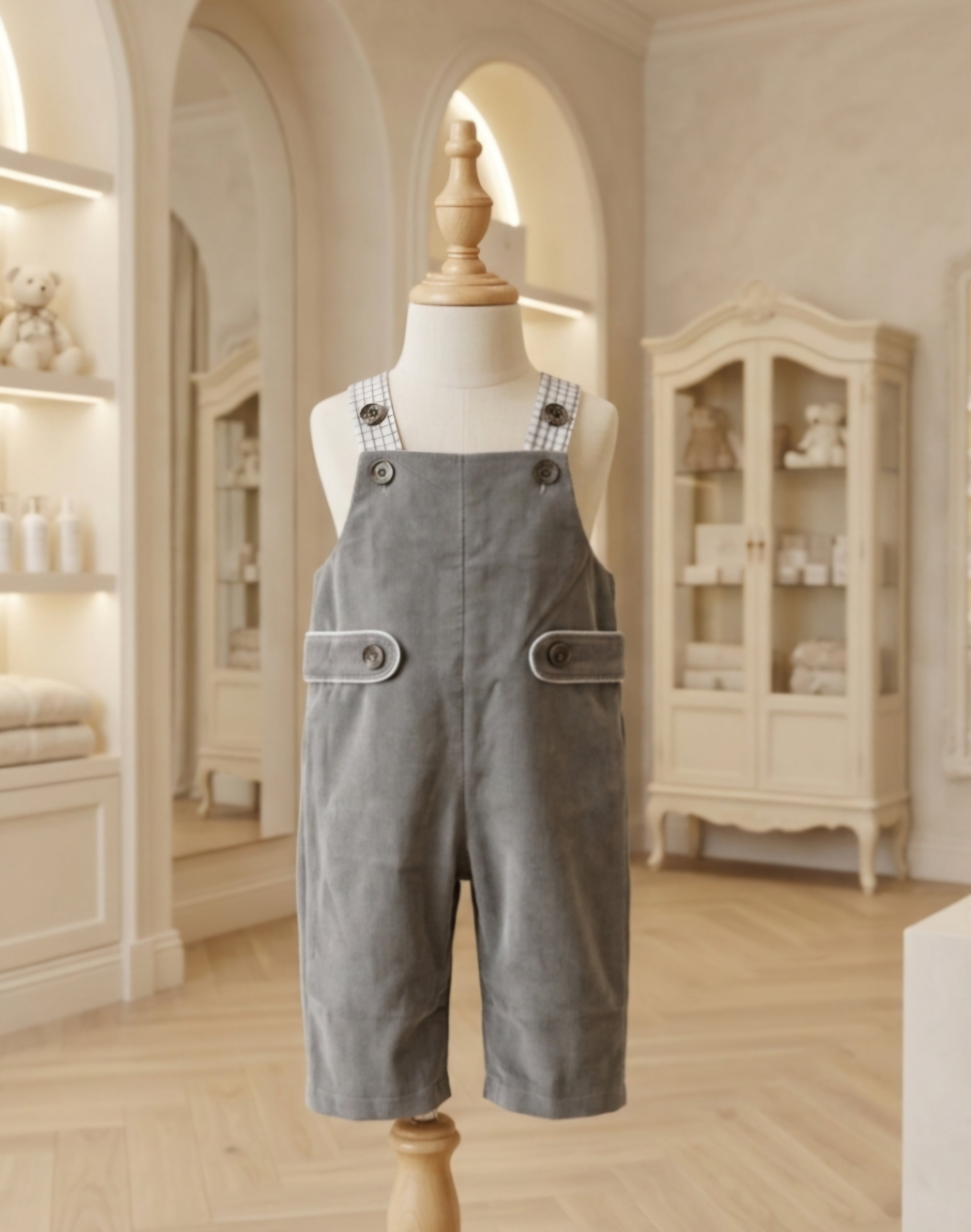 The Beaufort Bonnet Company Gray Corduroy Overalls Gingham Accents