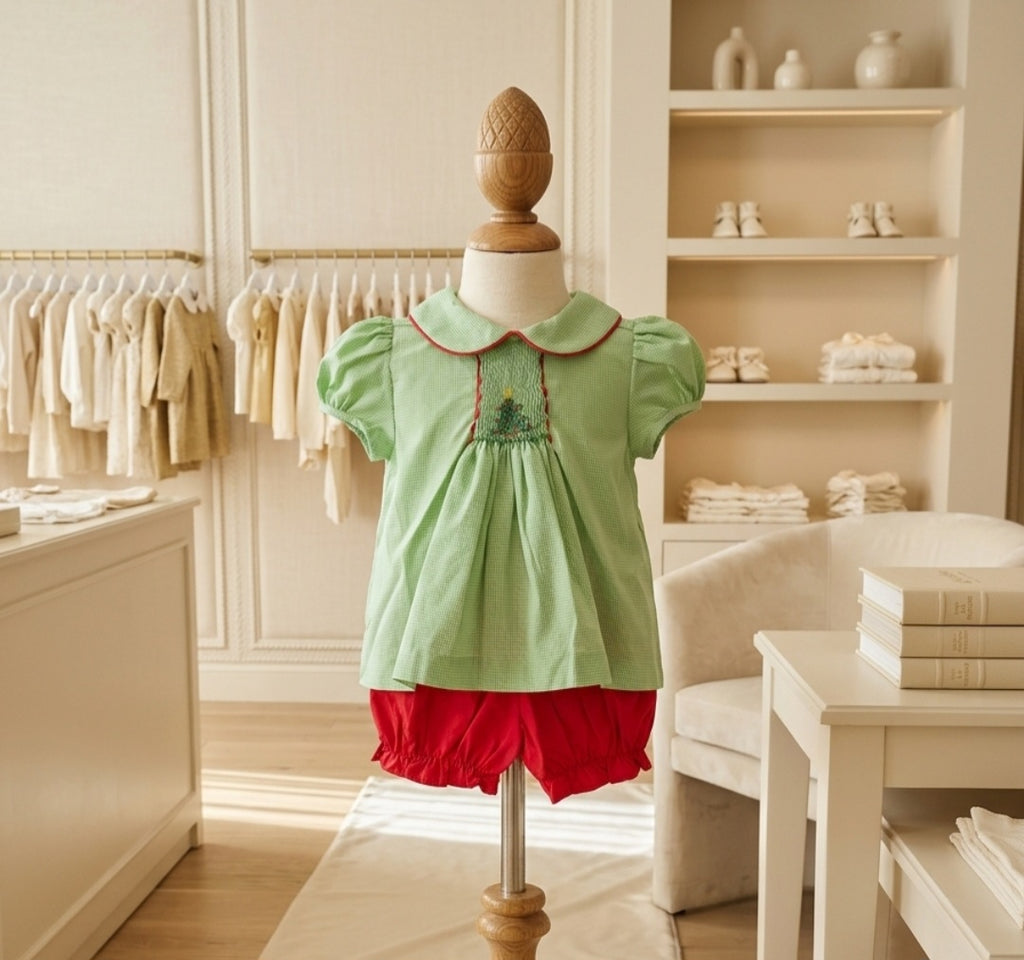 Baby Blessings Smocked Christmas Tree Outfit Red Bloomer Set Boutique