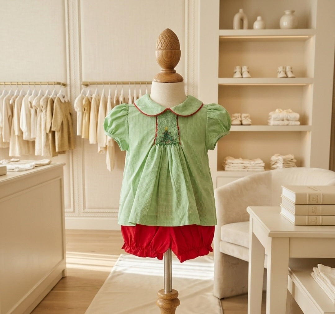 Baby Blessings Smocked Christmas Tree Outfit Red Bloomer Set Boutique
