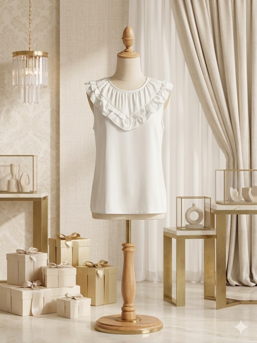 Wholesalesir – Delicate White Ruffle Neck Sleeveless Blouse