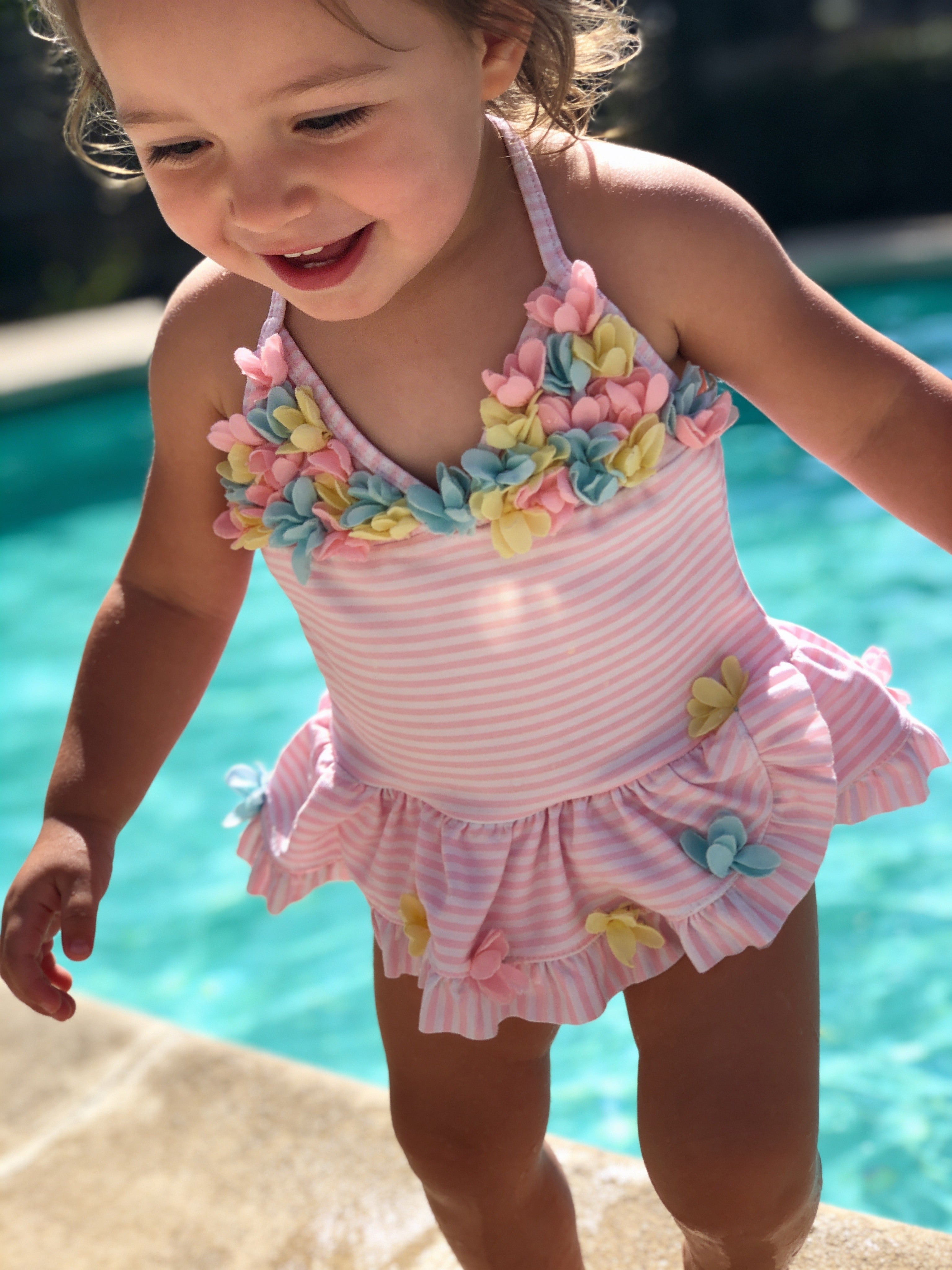 🌸 Little Me Pink & White Striped Floral Swimsuit – 12 Months 🌸