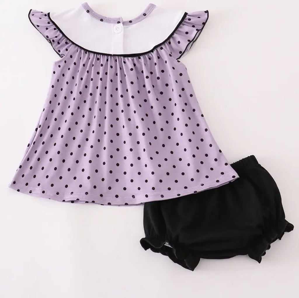 Purple Polka Dot Hocus Pocus  2pc Set with Black Bloomers