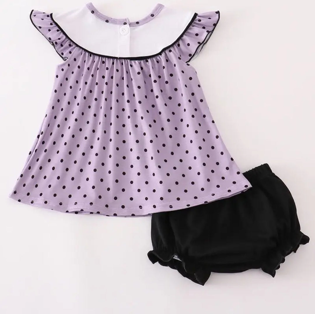 Purple Polka Dot Hocus Pocus  2pc Set with Black Bloomers