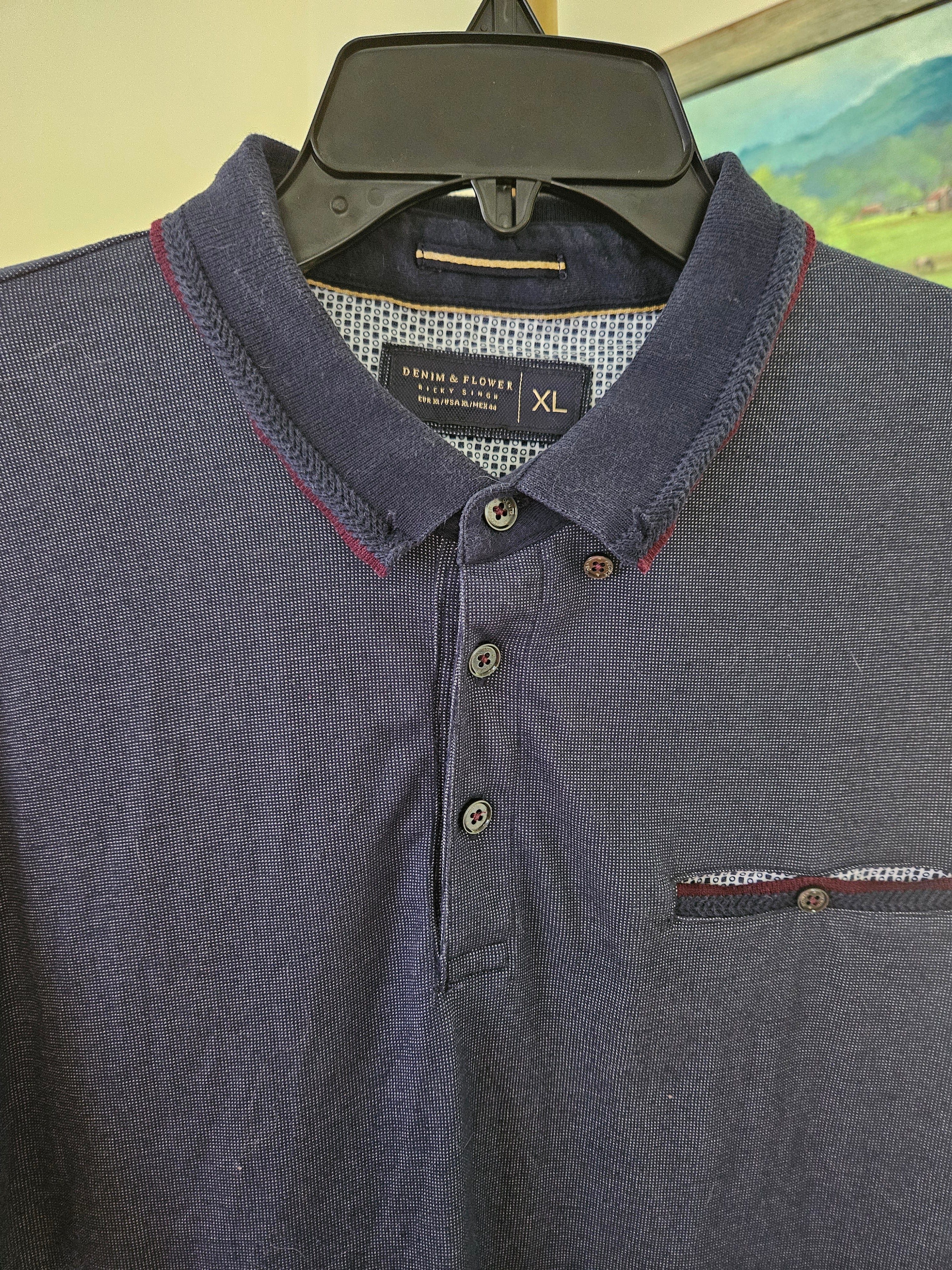 Denim & Flower Navy Blue Polo Shirt Sz XL