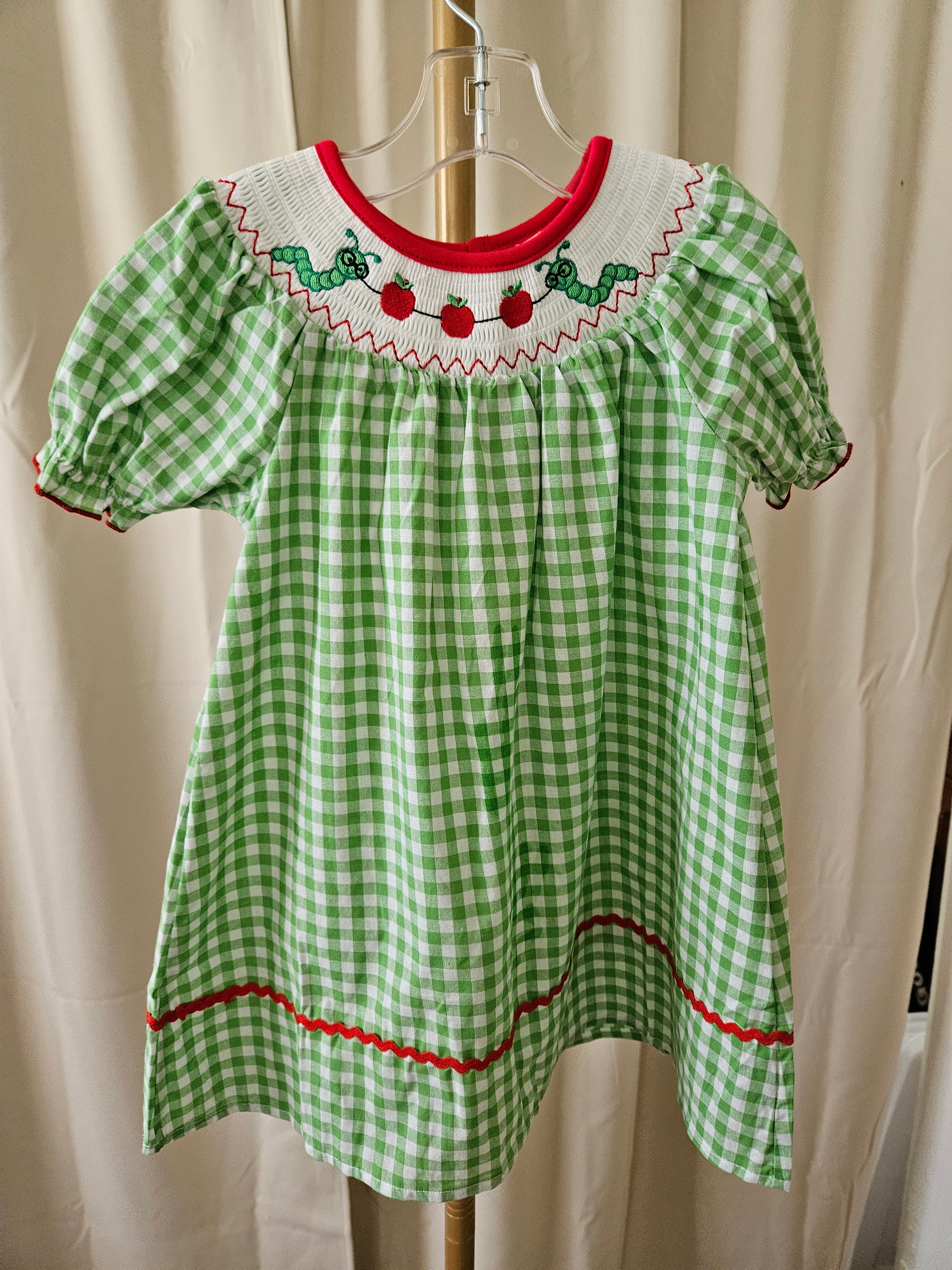 Rylee Faith Designs Smocked Bookworm Bishop Dress Green Gingham Girls
