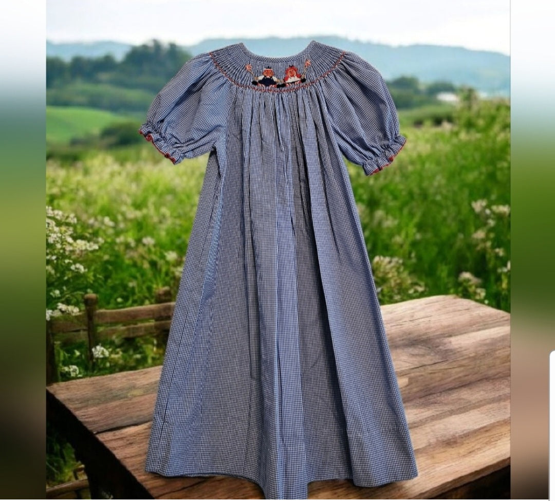 Amanda Remembered Blue Checkered RaggedyAnn And Andy Smocked  Kids Dress Sz 6