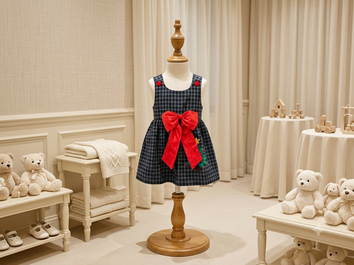 Lil Cactus Christmas Tree Appliqué Plaid Dress with Red Bow