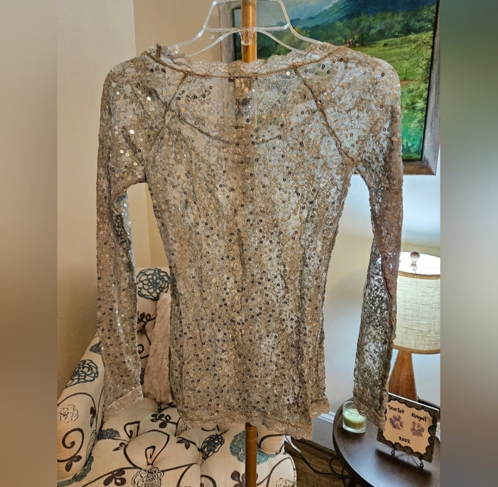 Moda International Silver Sequin Shear Blouse Sz XS