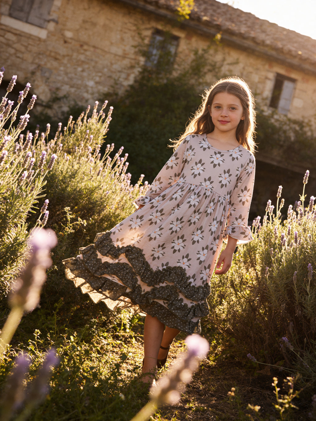 Adorable Sweetness Sage Polk A Dot And Flower 3 Ruffle Dress