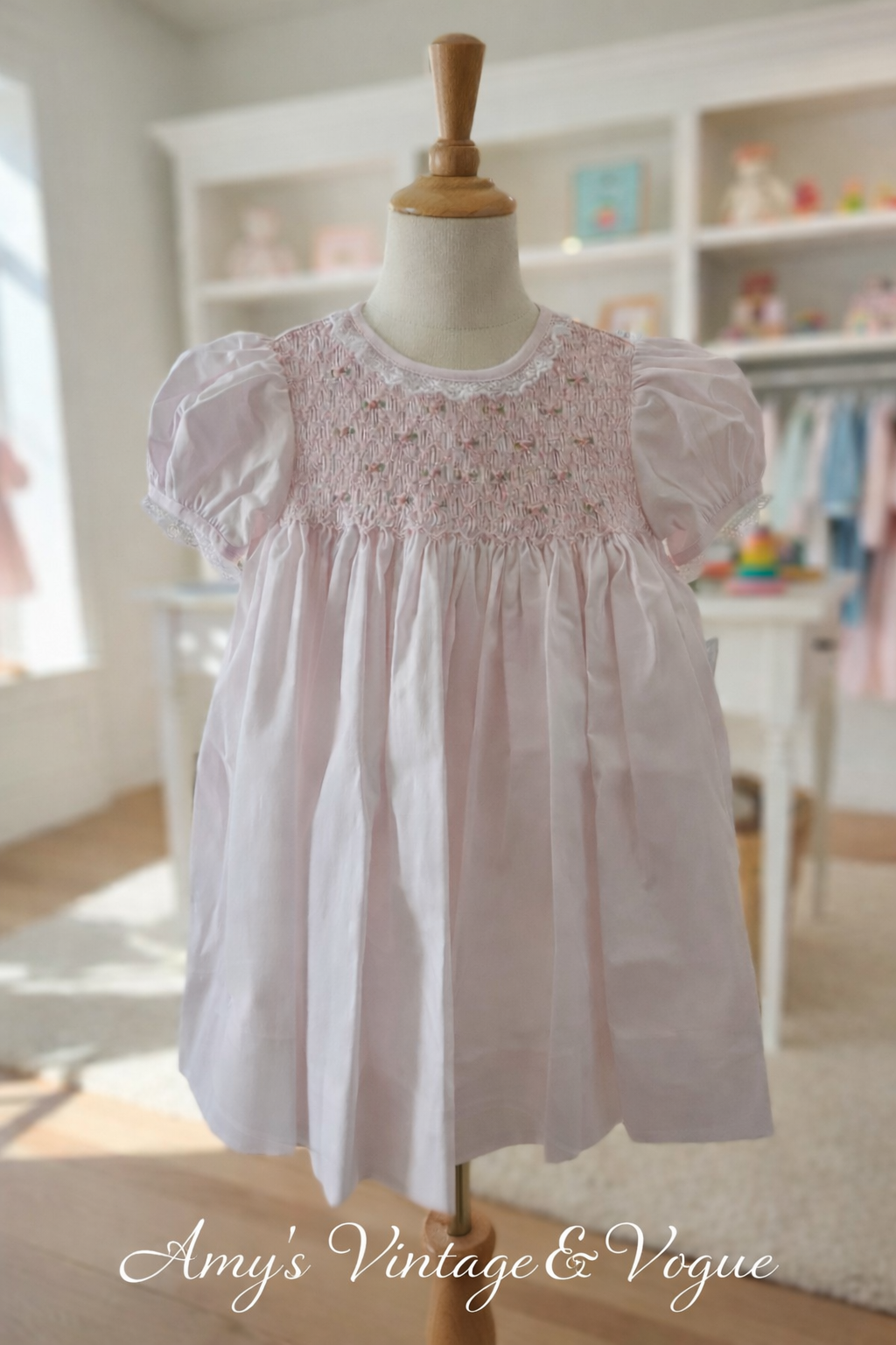 Petit Ami Heirloom Pink Fully Smocked Dress w/ French Lace