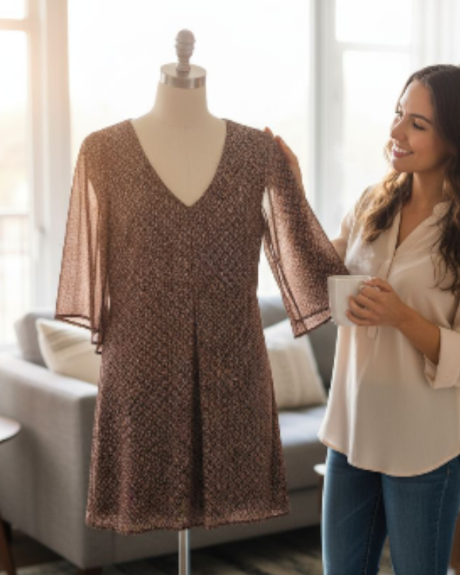 Bobeau Elegant Brown V-Neck Flowy Mini Dress XS