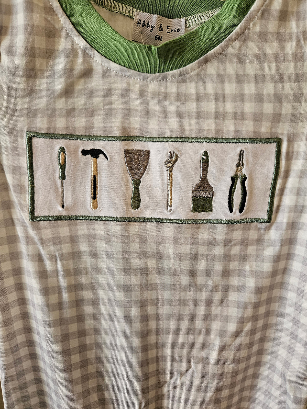 Abby & Evie Gray White Gingham Tool Embroidered Romper
