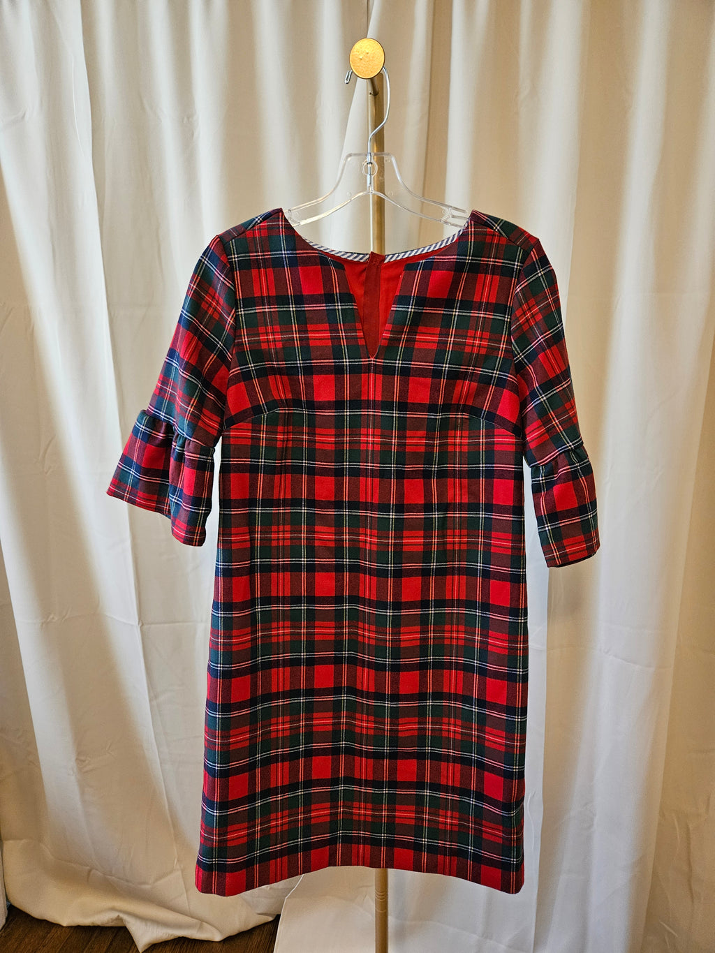 Vineyard Vines Red Green Plaid Bell Sleeve V-Neck Dress Size 0
