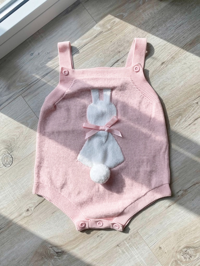 Bunny Knit Overall Romper With Bow & Cotton Ball Tail Sz 9-12 M