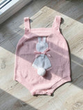 Bunny Knit Overall Romper With Bow & Cotton Ball Tail Sz 9-12 M