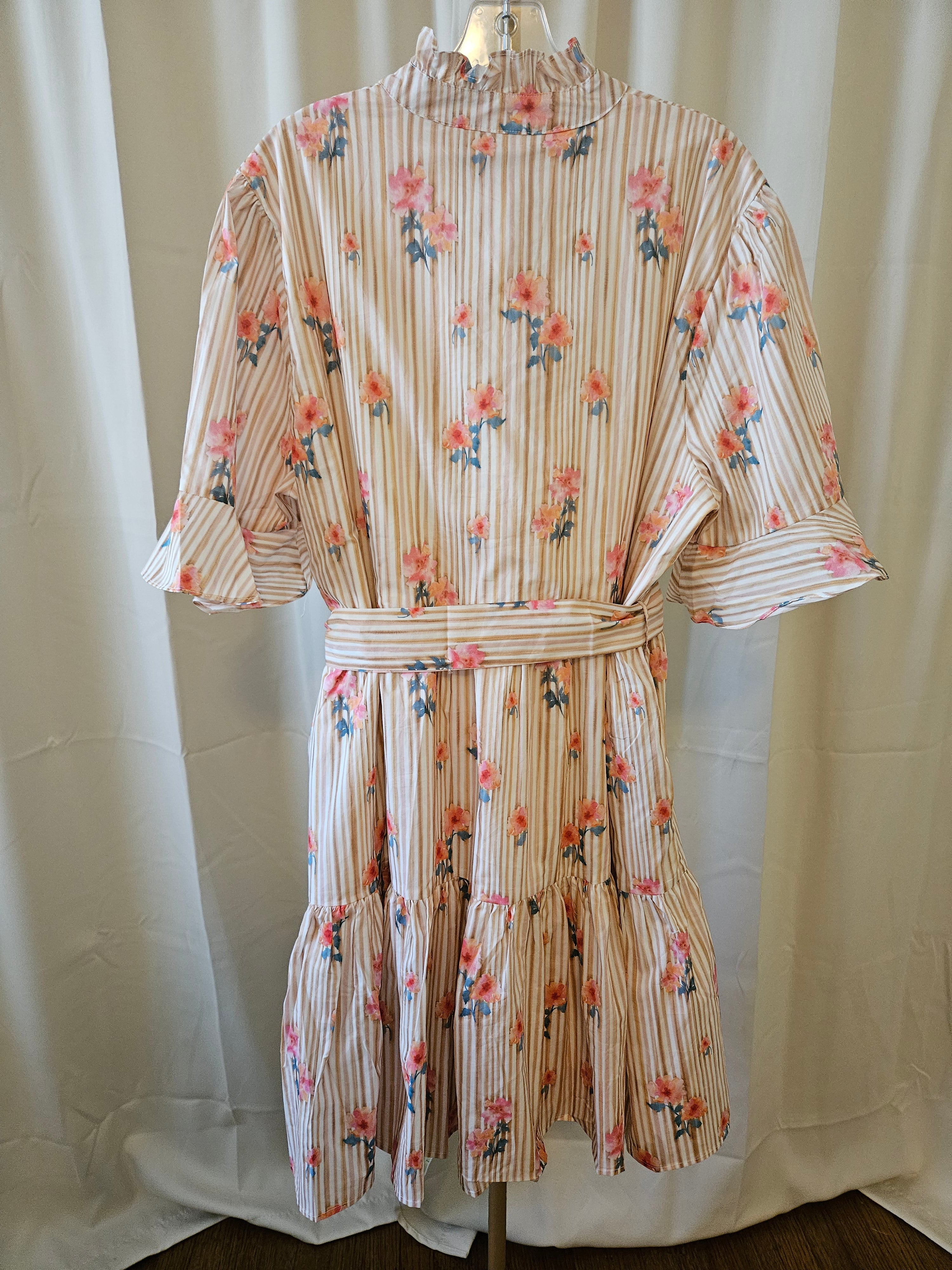 Chic Soul Tan & White Striped Floral Dress Ruffle Trim Belted 3X
