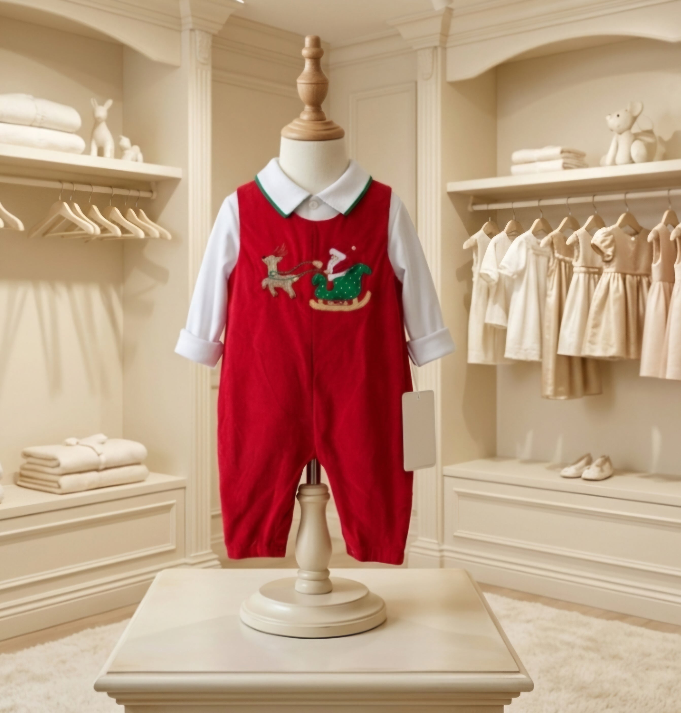 Petit Ami Red Corduroy Santa Sleigh Jon Jon & Shirt Set