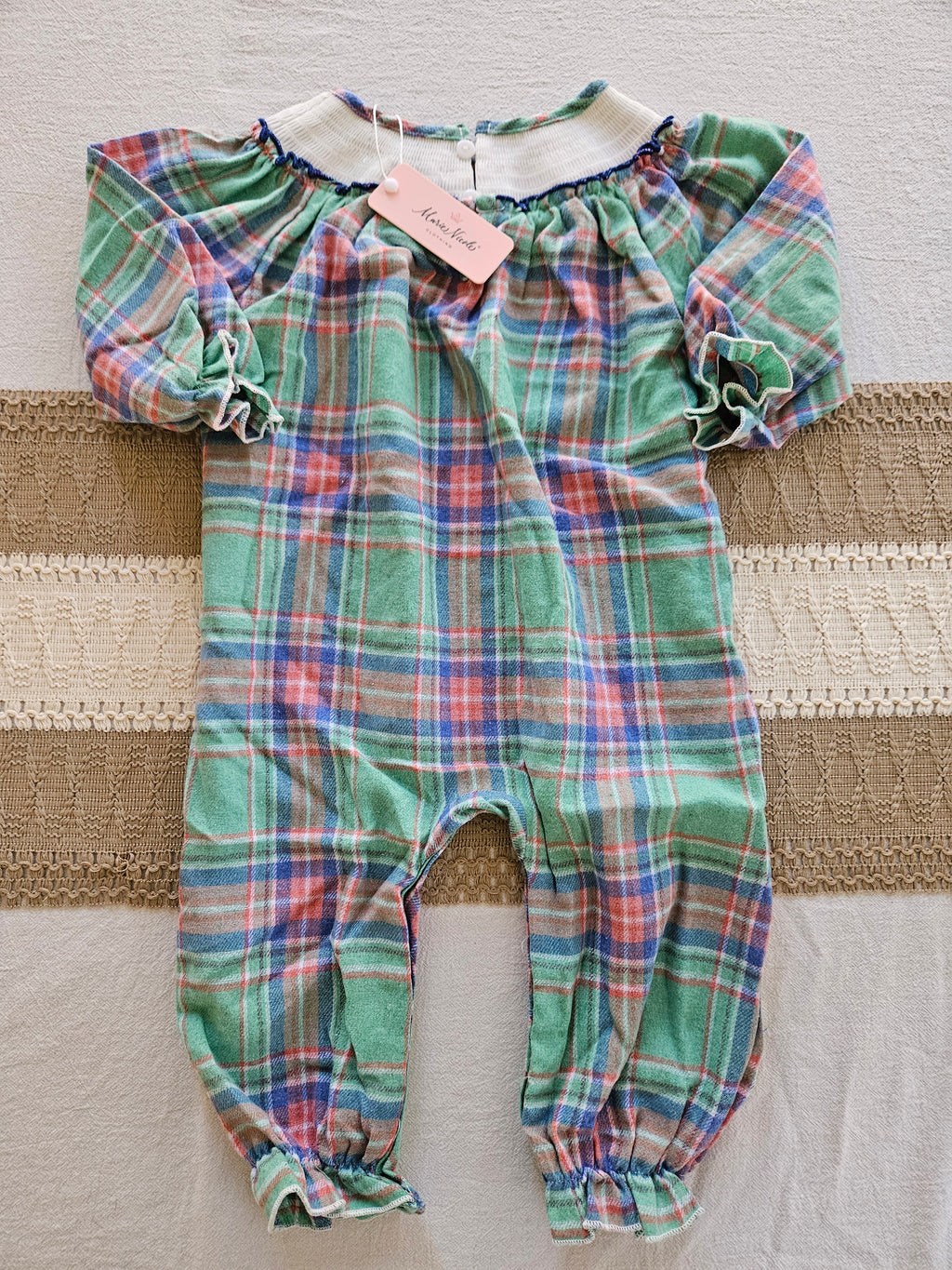 Marie Nicole Plaid Smocked Birthday Romper Sz 12-18M