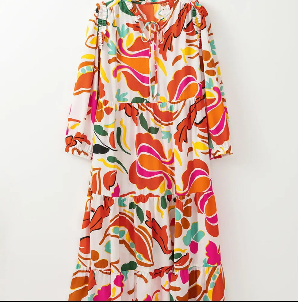 Lovesoft Orange Floral Print Split Vneck Tiered Maxi Dress