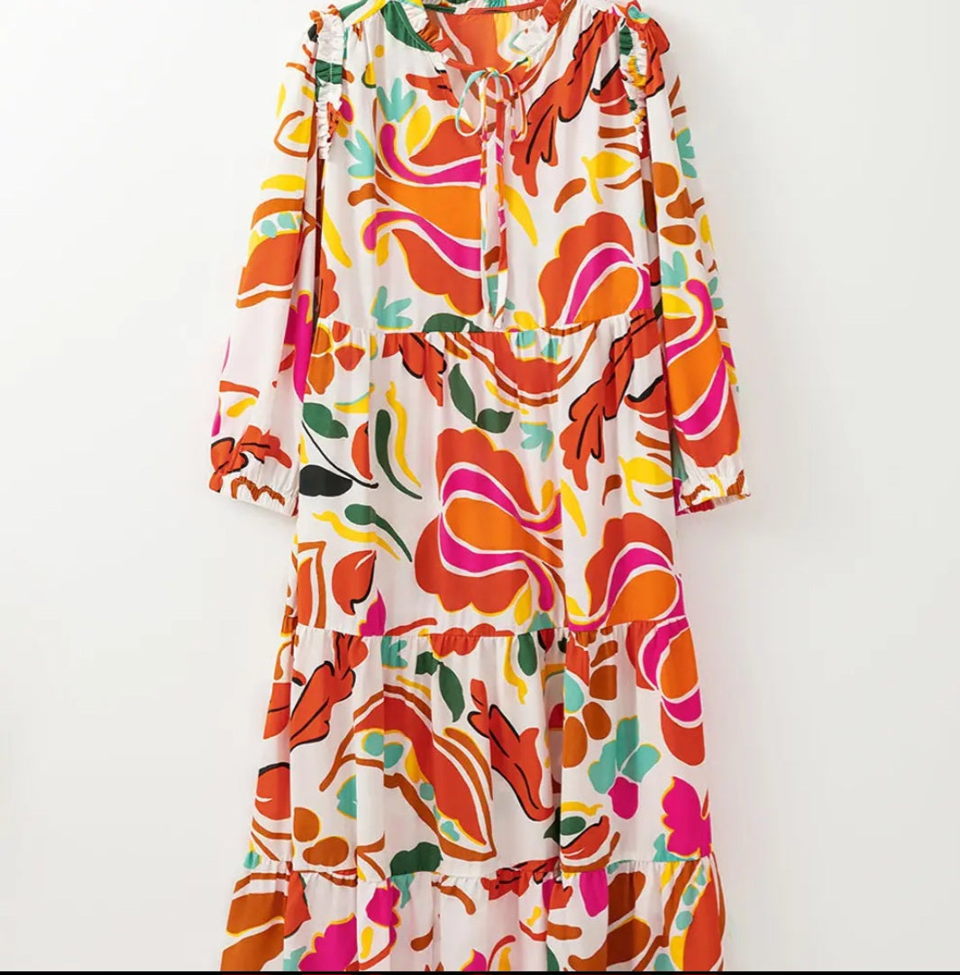 Lovesoft Orange Floral Print Split Vneck Tiered Maxi Dress