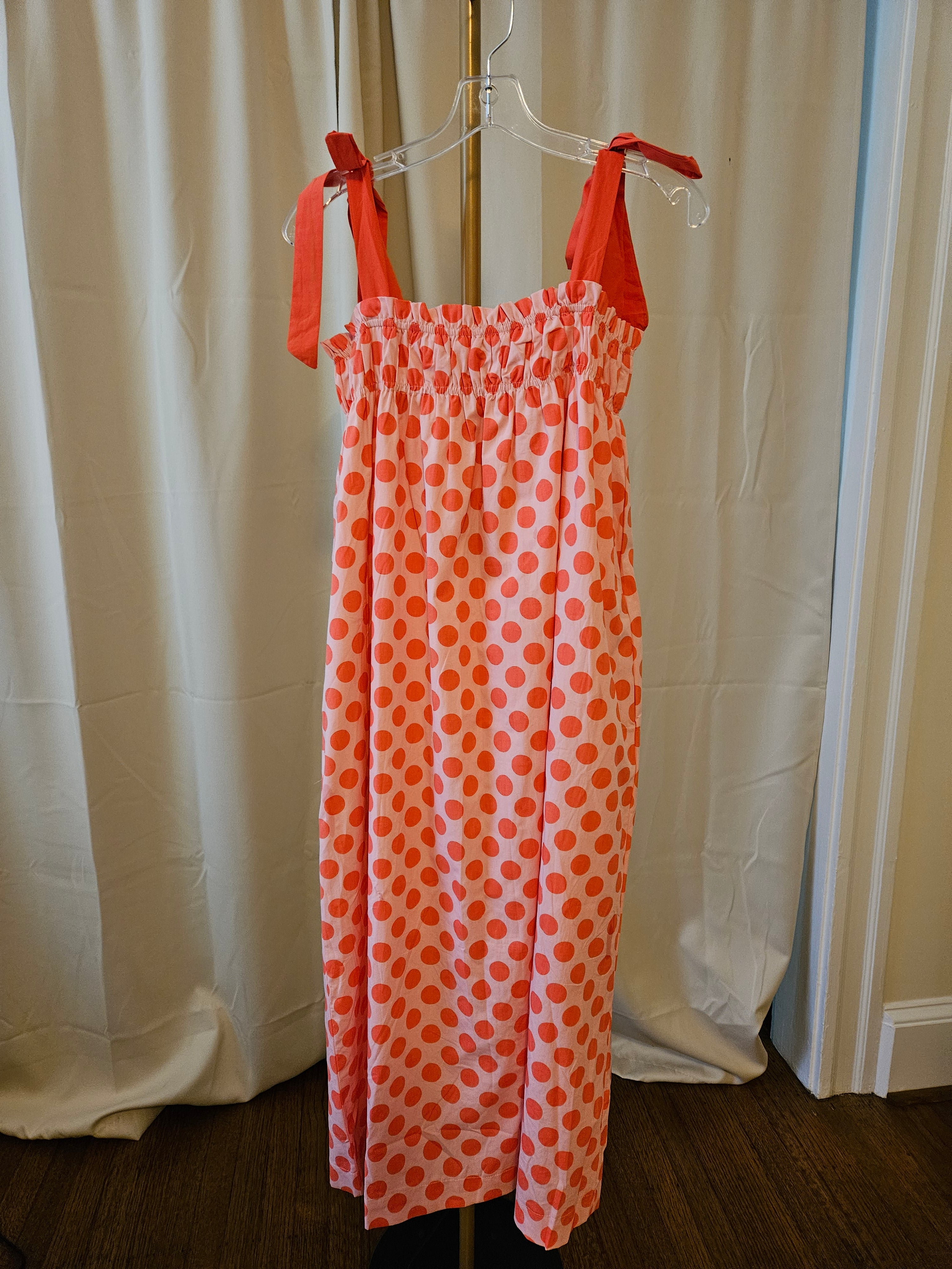 J.Nna Pink Polka Dot Tie Shoulder Smocked Maxi Dress |