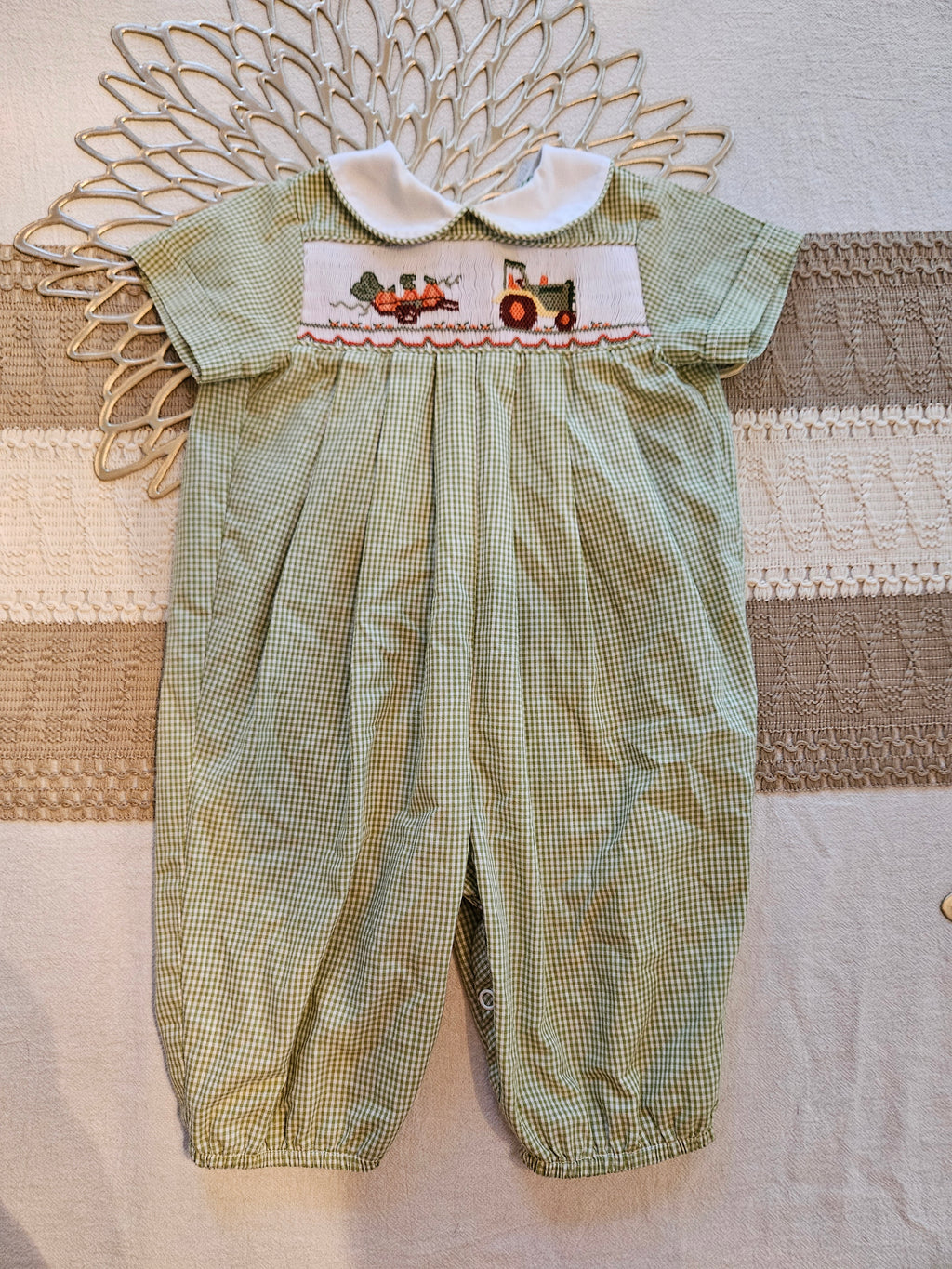 Bow Peep Green Gingham Baby Romper with Tractor & Pumpkin Smocking Sz 3M