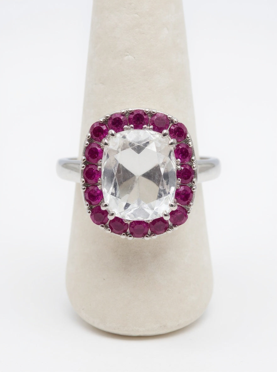 Crystal Quartz With Red Ruby Accent 925 Silver Over Rhodium Sz 7