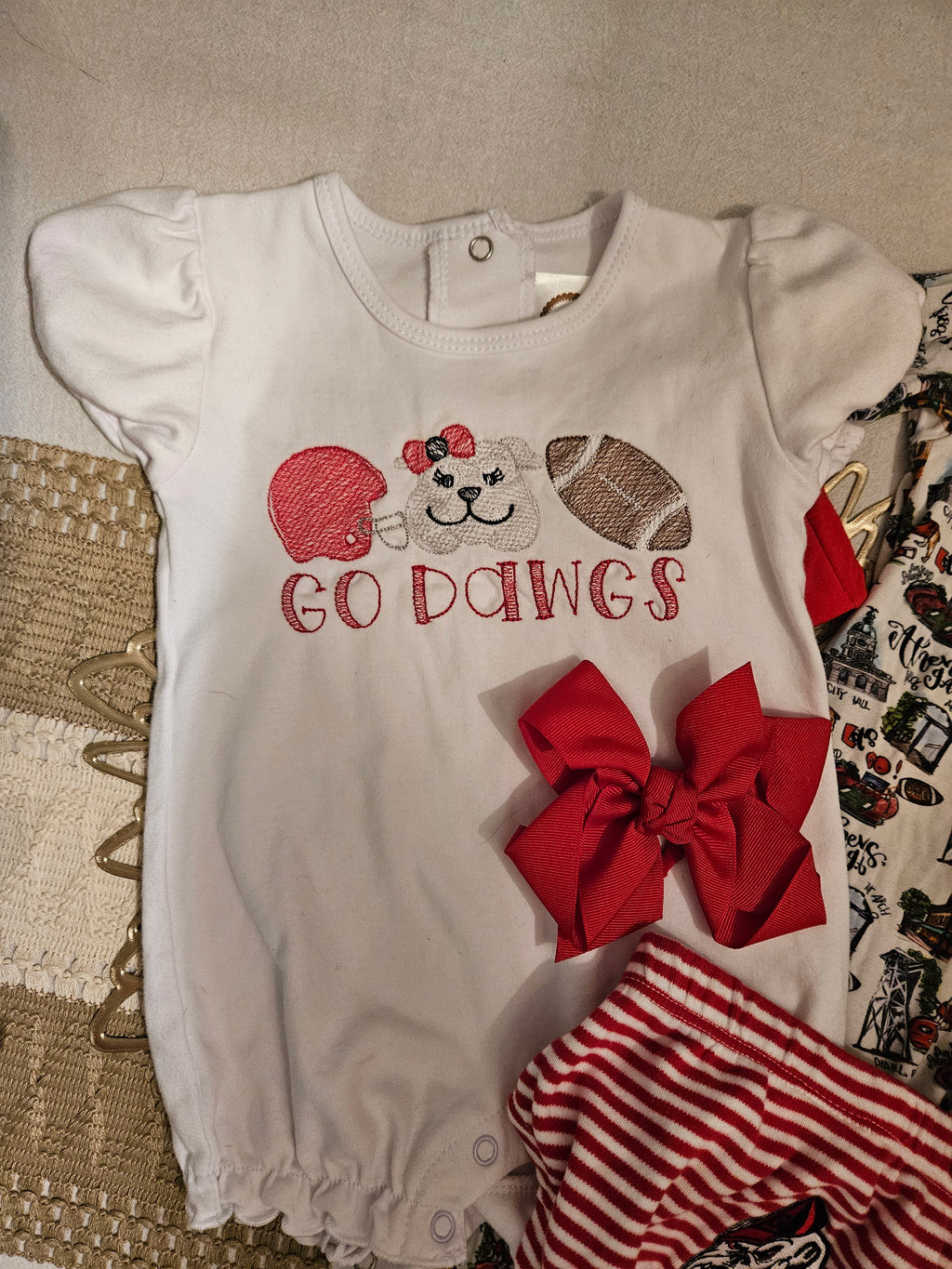 GA Bulldog Bundle. Bubble, Sleeper, Bloomers And Bow Sz 6-12M