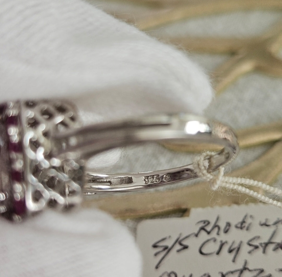 Crystal Quartz With Red Ruby Accent 925 Silver Over Rhodium Sz 7