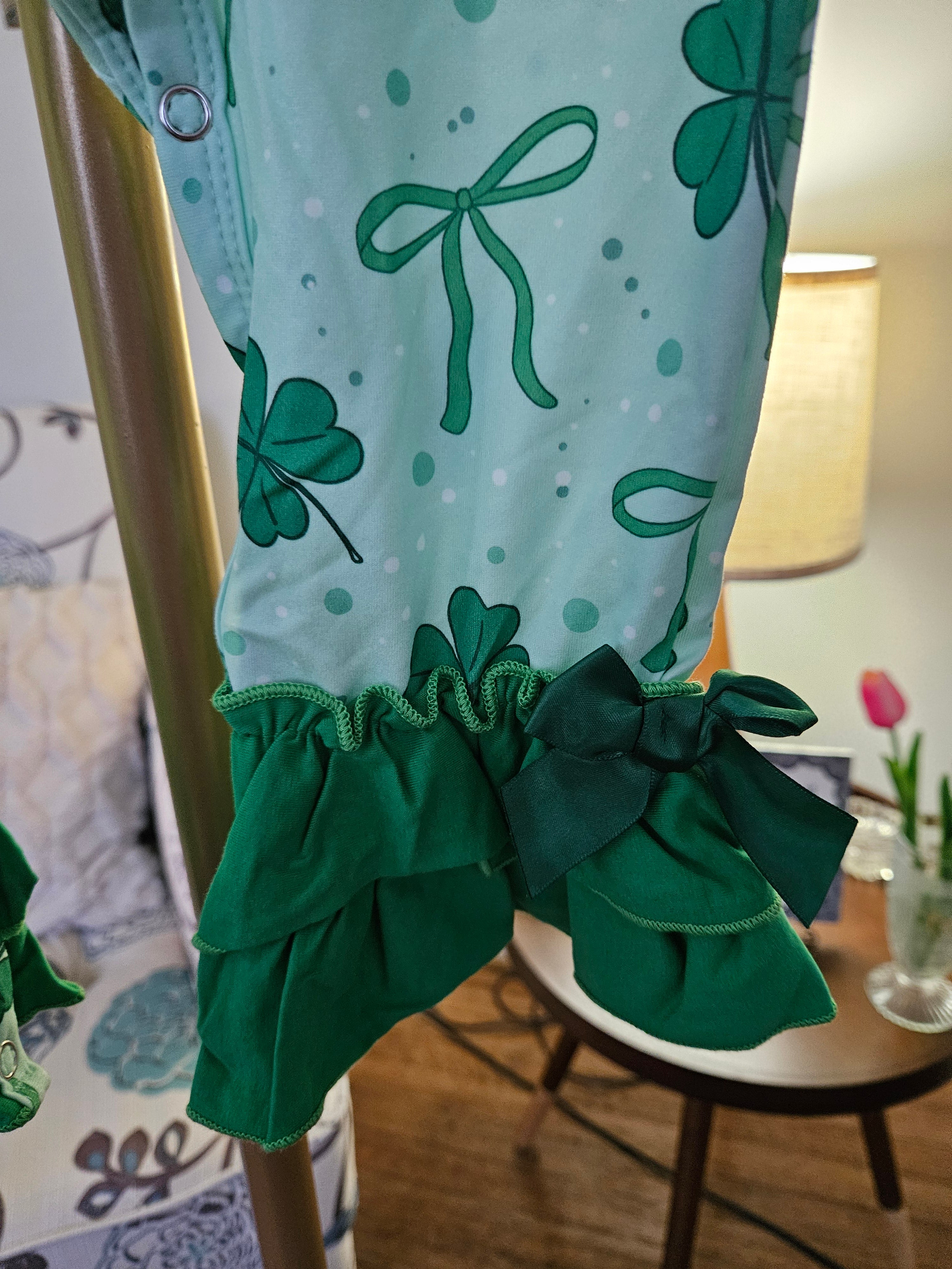 Auraquise Green Shamrock Romper with Ruffle Details