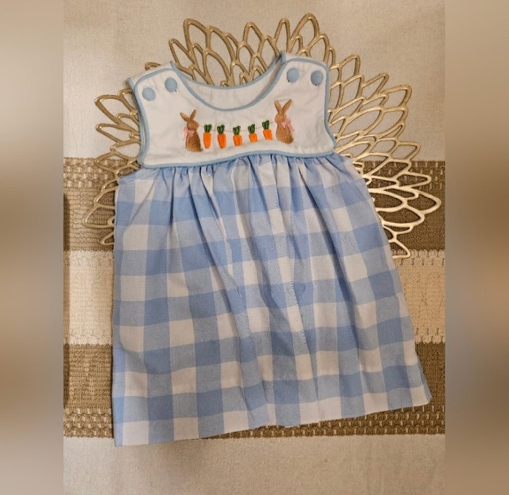 Three Sisters Charming Blue Checkered Kids Dress with Bunny Design Sz 9M
