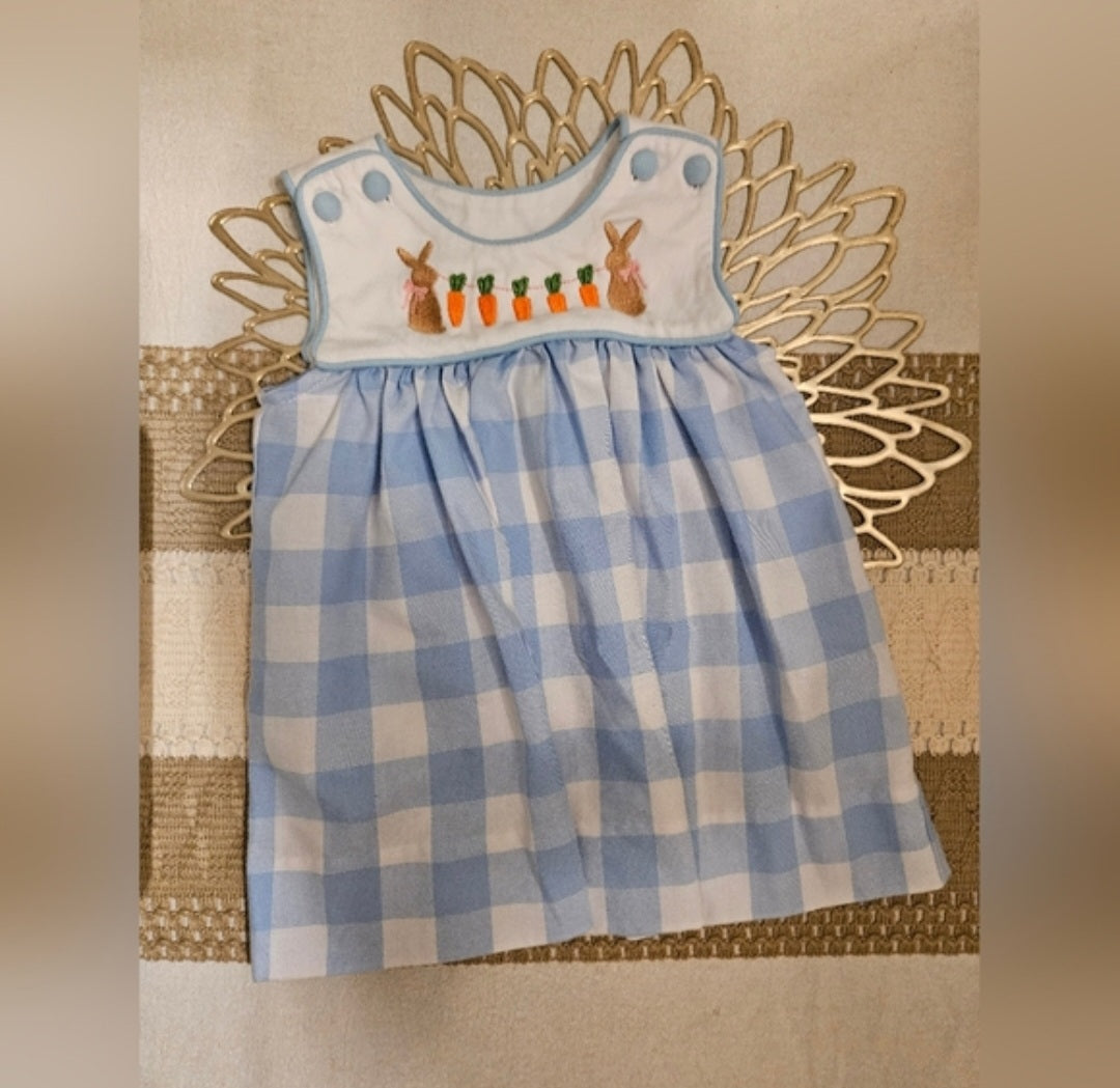 Three Sisters Charming Blue Checkered Kids Dress with Bunny Design Sz 9M