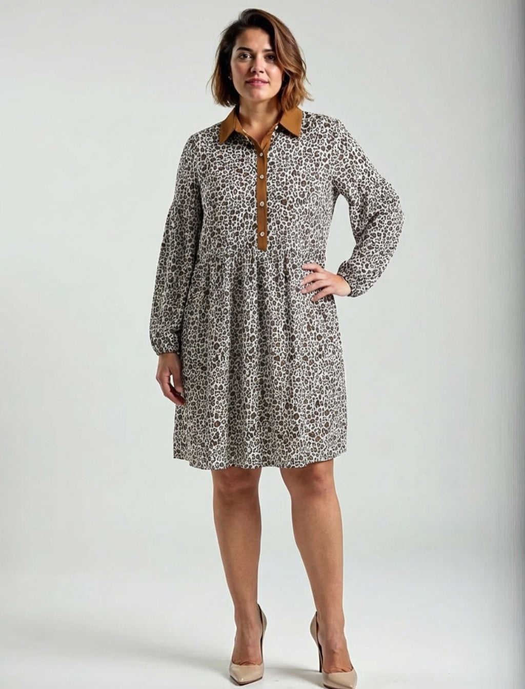 Lovesoft Khaki Button Vneck Leopard Print Puff Sleeve Loose Mini Dress Sz 1X