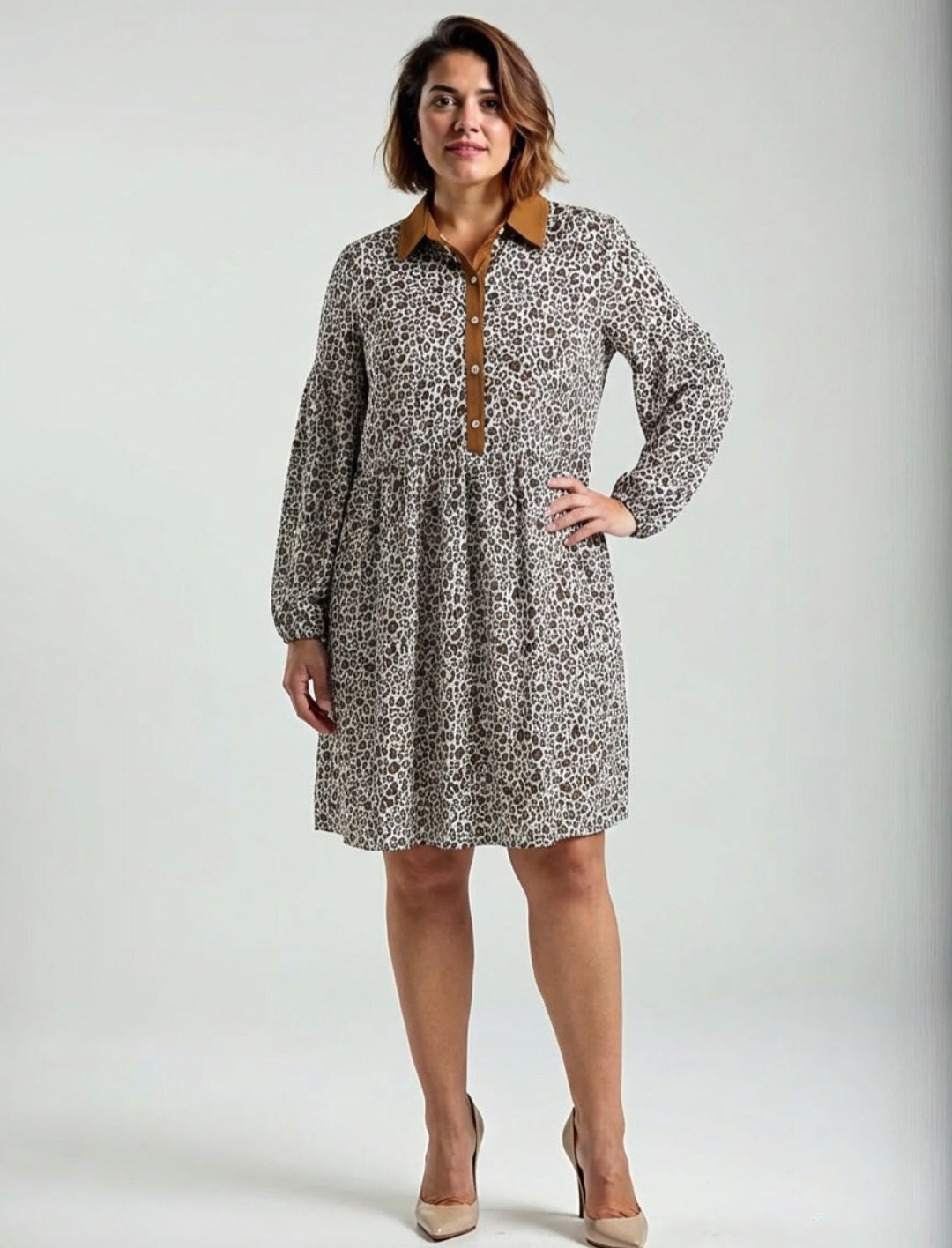 Lovesoft Khaki Button Vneck Leopard Print Puff Sleeve Loose Mini Dress Sz 1X