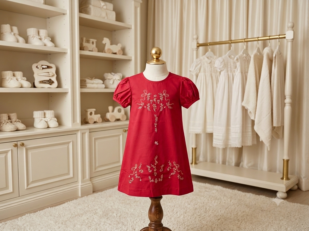 Love Me Hand Embroidered Red Heirloom Puff Sleeve A-Line Dress