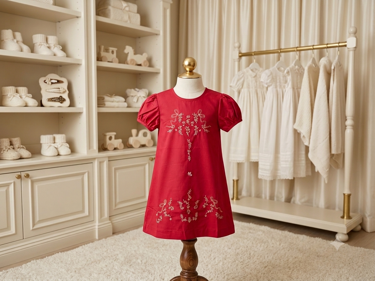 Love Me Hand Embroidered Red Heirloom Puff Sleeve A-Line Dress