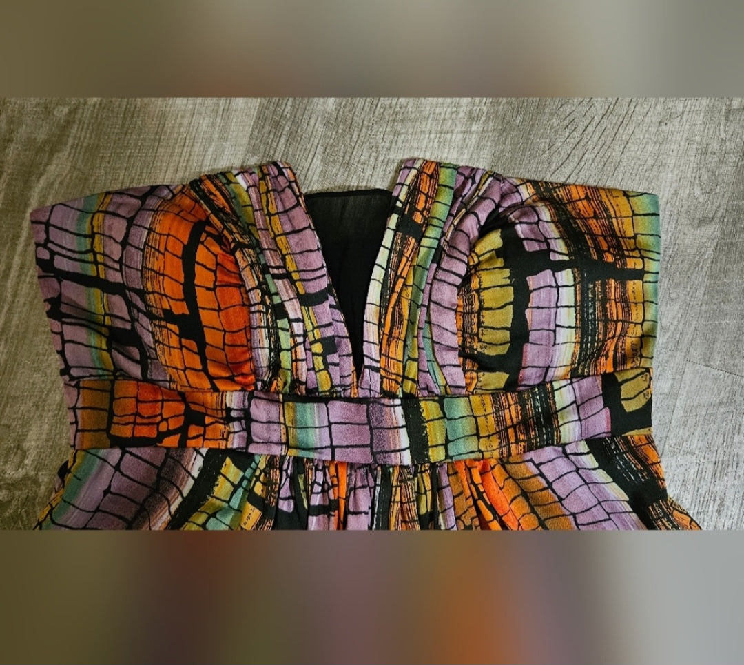 Strapless BCBG Colorful Snake Skin Empire Wait Dress. Size 2