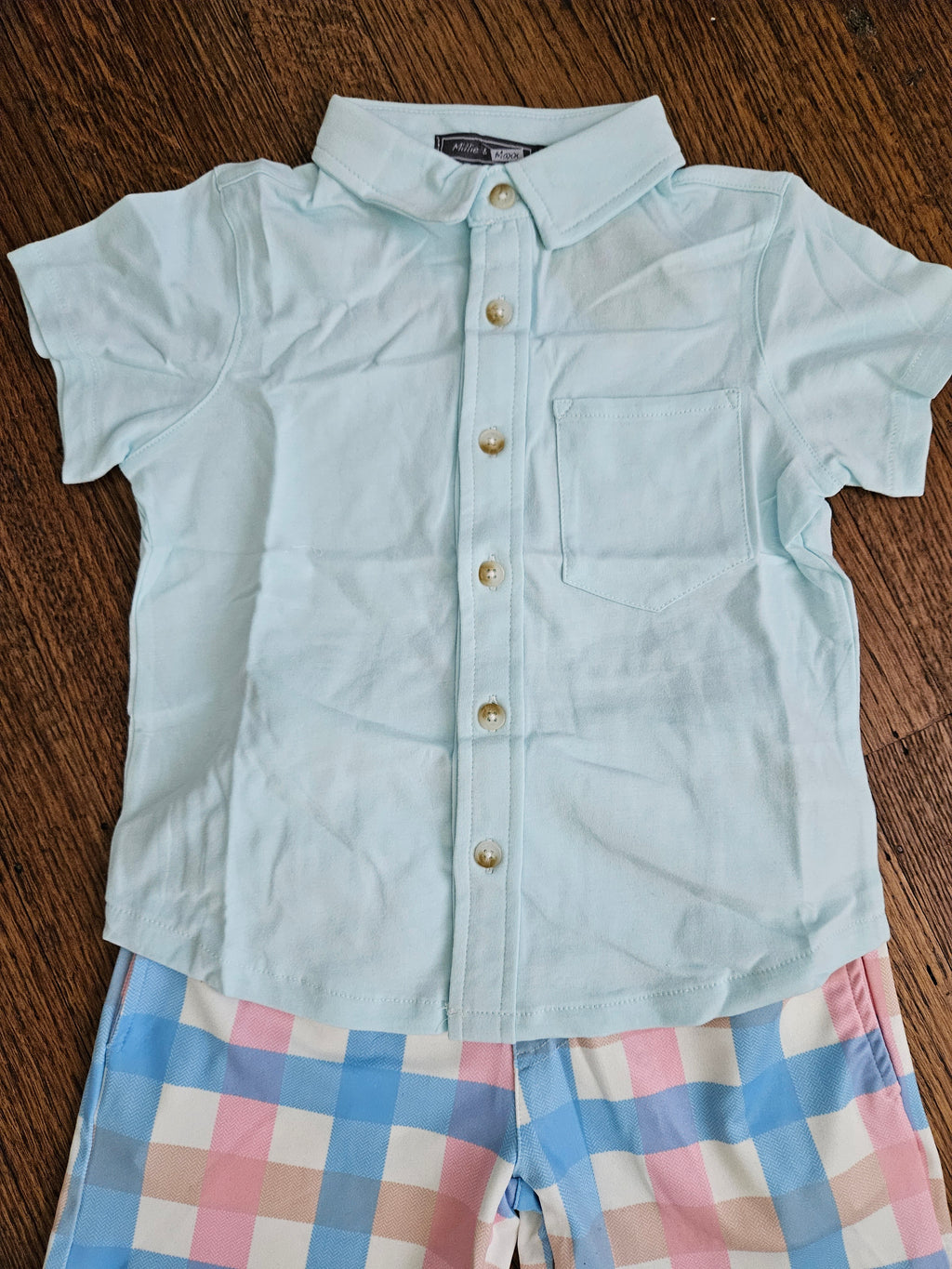 Millie Loves Lily Baby Blue Collared Shirt & Pastel Plaid Shorts Set | Sizes 3 & 5