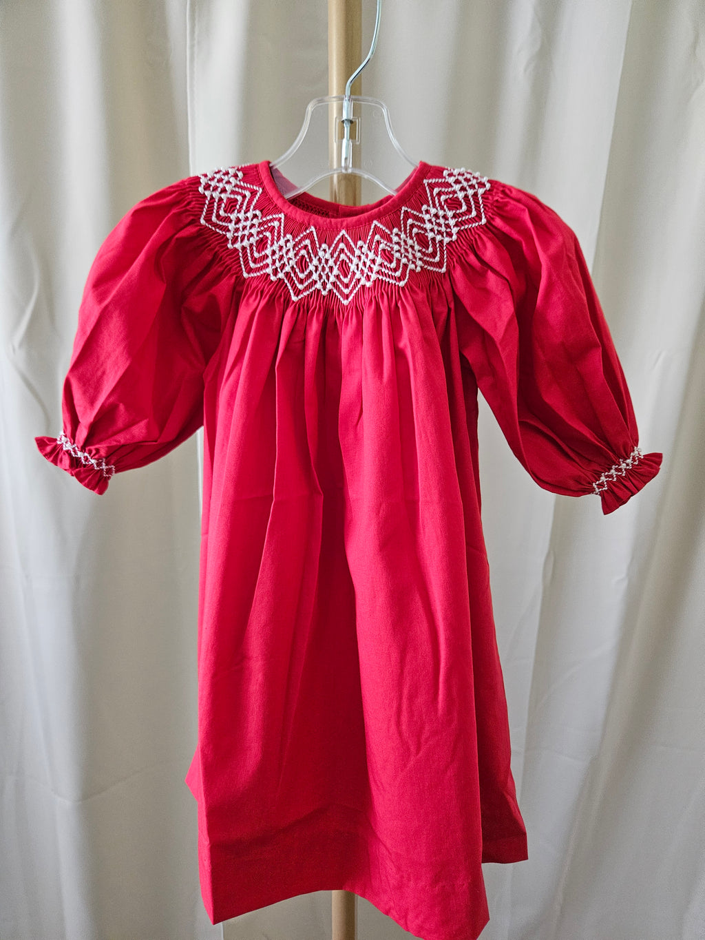 Love Me Red Smocked Bishop Dress with Pearls | Long Puff Sleeves |