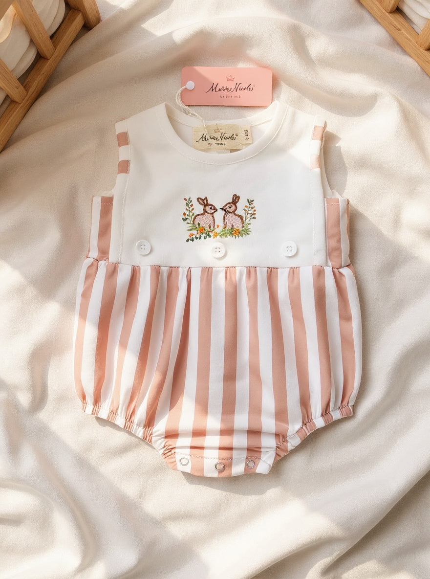 Marie Nicole Tan Striped Bunny Romper Sz 12-18M