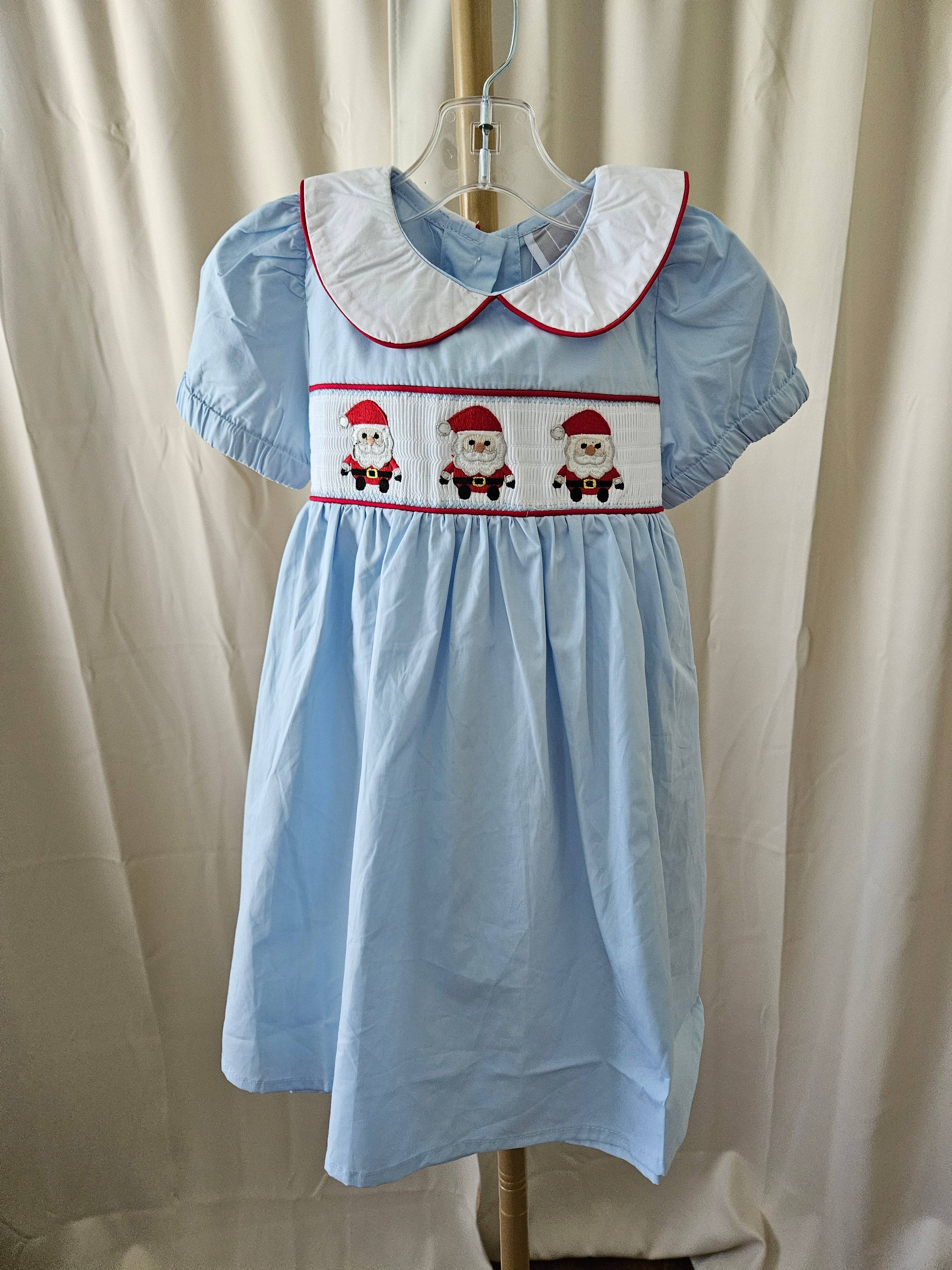 Lil Cactus Smocked Santa Dress Light Blue Red Accents Peter Pan Collar