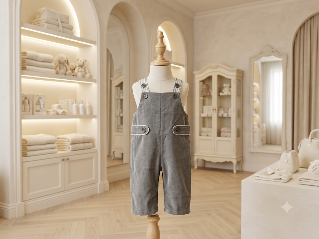 The Beaufort Bonnet Company Gray Corduroy Overalls Gingham Accents